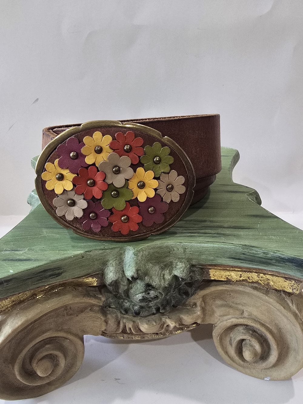 Leather Belt with Multicolor Floral Buckle